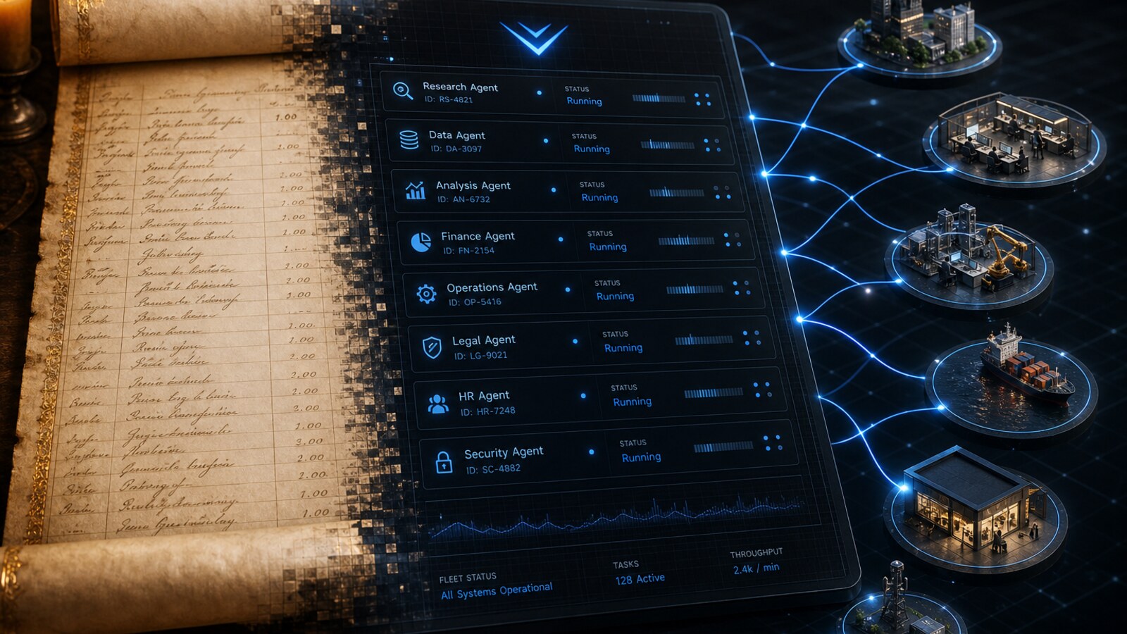 A vellum scroll unrolling into a living command deck — ledger lines becoming agent rows